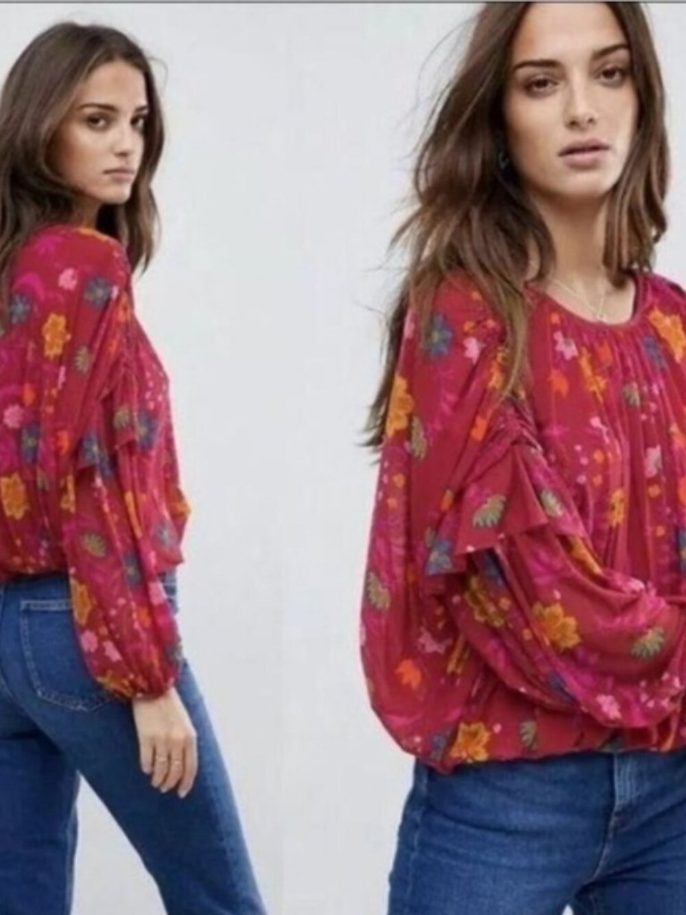 Free People Wildflower Honey Blouse Berry Floral | Size M | Boho Ruffle Romantic